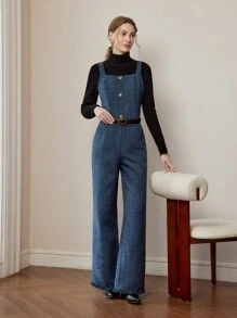 MOTF PREMIUM Mono de pernera acampanada con bolsillo sesgado, borde deshilachado y estampado a cuadros, sin suéter negro ni cinturón - Azul Marino - Ver 4