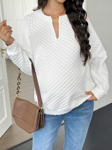 SHEIN Maternity V-Neck Solid Color Long Sleeve Casual Sweatshirt, For Winter - White - View 4