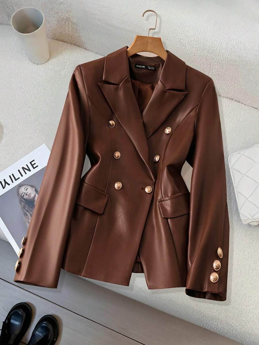 SHEIN Clasi Áo khoác da màu nâu đơn giản, tay dài cài nút phía trước dành cho nữ, cổ đứng, đơn giản, thường ngày, chất liệu PU, thời trang thu đông - Cà phê nâu - Xem 1