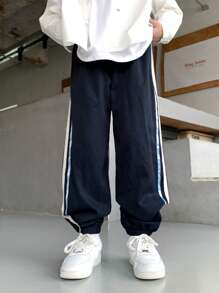 SHEIN Tween Boys' Colorblock Stripe Elastic Waist Drawstring Jogger Pants, Suitable For Fall & Spring, Suitable For Outdoor Play, Sports, Hiking, School, Street Photography, Parties, And Casual Wear, Great Value - Multicolor - View 5