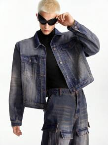 NEON BLANC Men's Washed Denim Jacket With Padded Shoulders And Oversized Fit