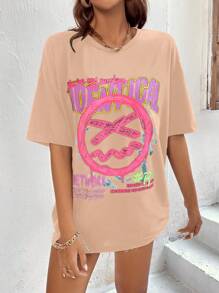 SHEIN Unity 圆领短袖字母印花简约 T 恤，休闲日常穿着 - 卡其色 - 查看 4