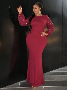 Slaydiva Plus Size Sparkly Banquet Round Neck Waist Fitted Mermaid Dress With Contrast Sequin Sleeves, Red, Fall/Winter
