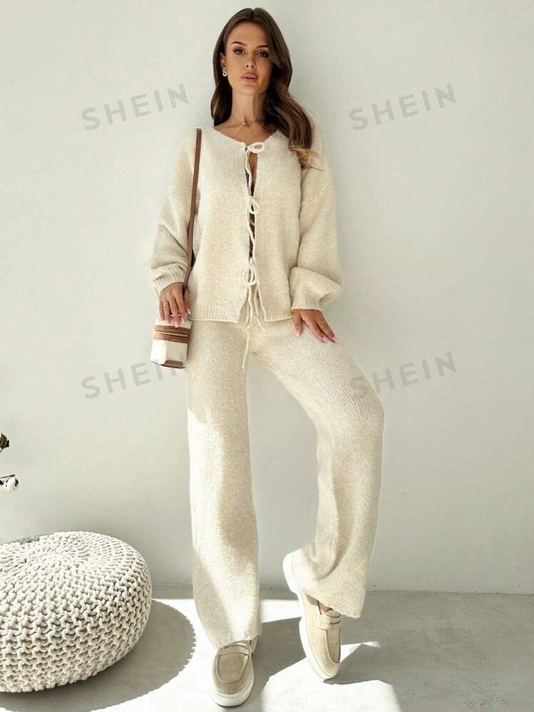 SHEIN Prive Women s Elegant Casual Comfortable Knit 2 Piece Set Loose Lantern Sleeve Tie Waist Cardigan Fluffy Tie Waist Pants Beige