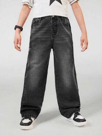 SHEIN Tween Boy Retro Basic Loose Straight Leg Jeans, College Style Casual Pants Summer Holiday