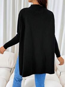 SHEIN Maternity Solid Color Stand Collar Batwing Sleeve Slit Hem Casual Sweater, For Winter - Black - View 2