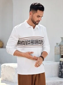 Manfinity Homme Herren Langarm Poloshirt in Einfarbig mit Patchwork und Knopfleiste, Lässig - Weiss - Übersicht 4