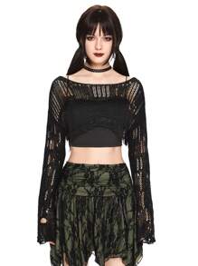 ROMWE Fairycore Women's Solid Color Dropped Shoulder Long Sleeve Cropped Distressed Sweater, Autumn/Winter