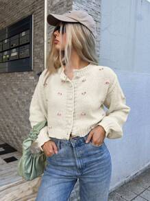 Forever 21 新款秋冬圆领提花针织短开衫 - 杏色 - 查看 9