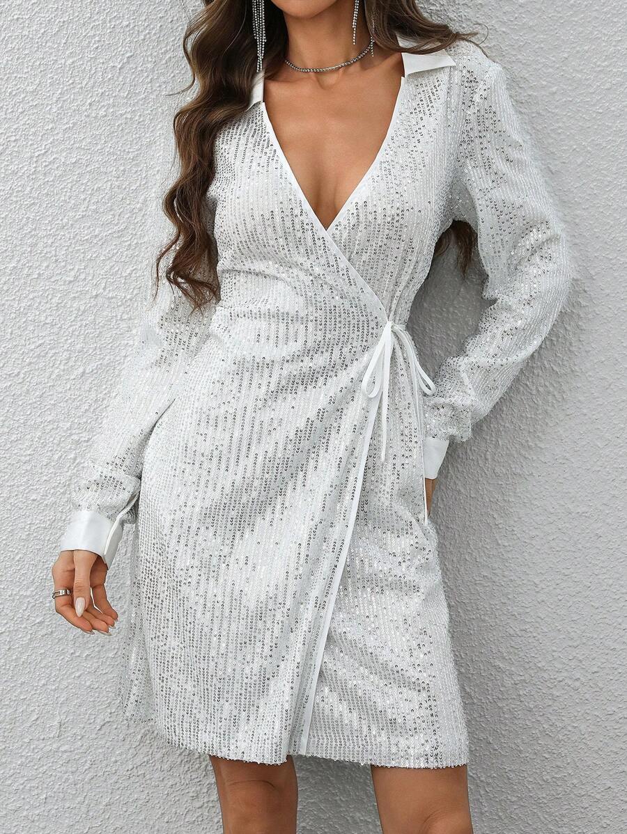 SHEIN Clasi Đầm ngắn thắt nút cổ trễ lấp lánh dự tiệc cho nữ - Bạc - Xem 1