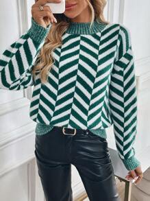 SHEIN LUNE Striped Print Crew Neck Long Sleeve Sweater Knit Pullover Fall Winter Outfit - Multicolor - View 4