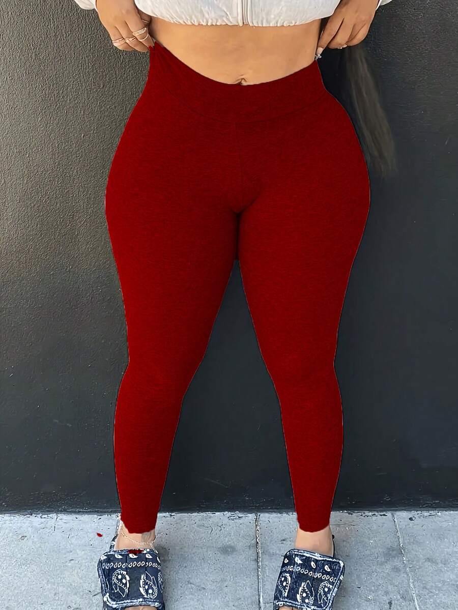 Plus Size Solid Color Casual Minimalist Leggings - Burgundy - View 1
