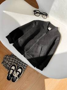 SHEIN 男婴/女婴可爱百搭黑色纹理面料夹克外套，秋冬 - 黑色 - 查看 4