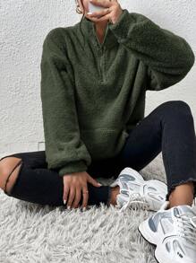 SHEIN EZwear 女式纯色半拉链套头衫，长袖，宽松版型，秋冬季，长袖上衣 - 軍綠色 - 查看 3