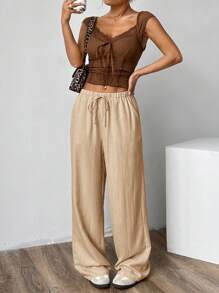 Muchica Pantalones de pierna ancha tejidos de color caqui para mujeres - Caqui - Ver 5