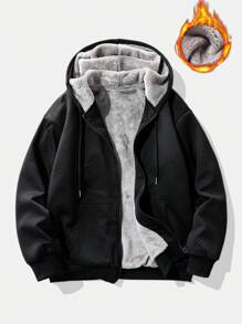 Manfinity EMRG 男士纯色纹理保暖内衬休闲连帽夹克，秋冬 - 黑色 - 查看 5