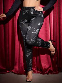 SHEIN SXY Quần legging in hình bộ xương cỡ lớn cho lễ Halloween - màu đen - Xem 6