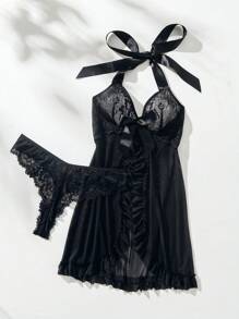 SHEIN Women's Lace See-Through Babydoll Sexy Lingerie Dress And Triangle Panties Set - Black - View 6