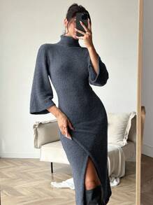 SHEIN Privé 女士灰色高领开袖中长款毛衣连衣裙，秋冬 - 灰色 - 查看 8