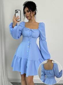 Rafferiza Women's Square Neck Long Lantern Sleeve Ruffle Hem A-Line Dress Fall Cloth For Women - Blue - View 1