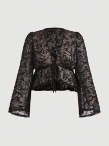 SHEIN MOD Plus Size Women's Mesh Flocked Bowknot Flare Sleeve Front Tie Blouse