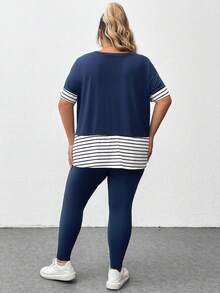 SHEIN CURVE+ Curve Plus Size 2 Cái/bộ Áo thun sọc ngang ngắn tay & quần dài, trang phục thể thao thông thường ở nhà trang phục mùa hè rộng rãi - Xanh và trắng - Xem 2
