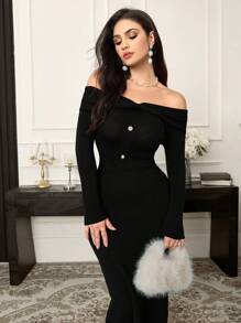 Modelyn Women's Elegant Solid Color Off Shoulder Faux Pearl Button Decorated Fitted Sweater Dress