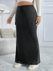 SHEIN EZwear 大码女式黑色实用口袋鱼尾裙，秋冬 - 黑色 - 查看 4