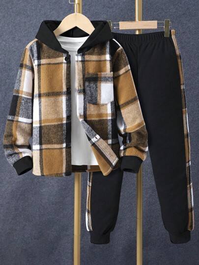 SHEIN 2pcs Tween Boy Plaid Patchwork Hooded Cardigan And Pants Set