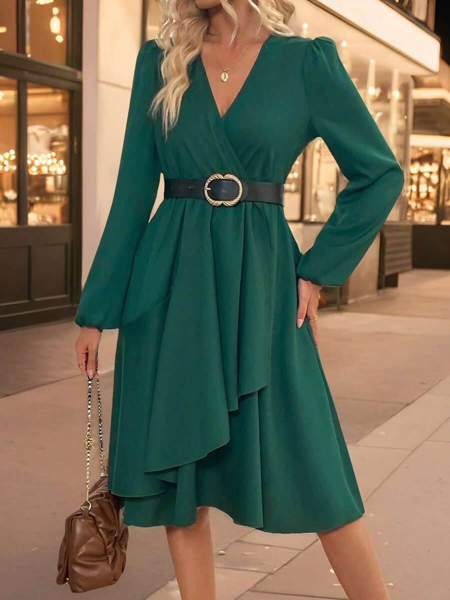 SHEIN Clasi Sukienka z dekoltem w serek i kopertowym dekoltem, elegancka, z długimi rękawami i jednolitym kolorem