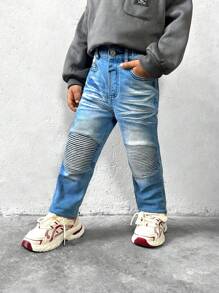SHEIN Pantalones vaqueros ajustados de mezclilla con detalles bordados en la rodilla y cintura elástica, estilo urbano para niño joven