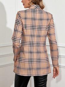 SHEIN Clasi 女式双排扣格子西装外套，秋季带口袋 - 卡其色 - 查看 7
