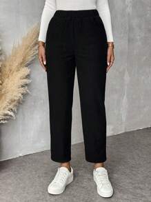 SHEIN Essnce Pantalones negros de felpa gruesa para mujer, pantalones de pana cálidos, leggings, pantalones harem de cintura alta para otoño e invierno