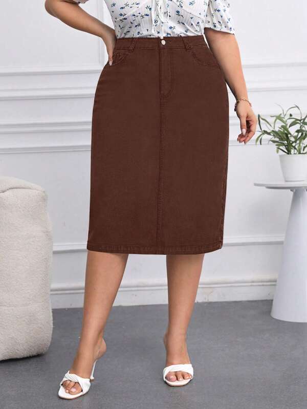 EMERY ROSE Plus Size Casual Solid Color Straight Stretch Denim Skirt