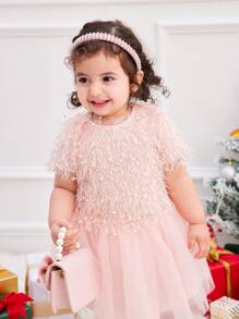 SHEIN 2pcs Baby Girl Cute Pink Fringe Short Sleeve Top And Tulle Skirt Set, Autumn/Winter