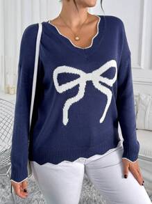 SHEIN LUNE Plus Size Women Contrast V-Neck Ruffled Hem Bow Front Pullover Sweater, Casual Home Leisure Western Party - Blue and White - View 5