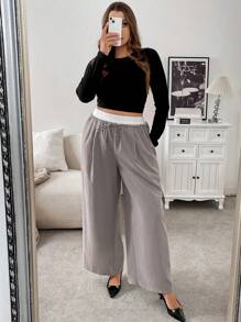 SHEIN Frenchy Plus Size Women Loose Contrast Color Belted Wide Leg Casual Pants - Khaki - View 2