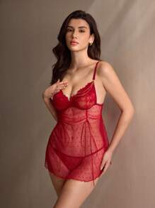 Charlaine 2 件套浪漫蕾丝拼布透明荷叶边蝴蝶结金属链性感睡裙套装女士 - 酒紅色 - 查看 3