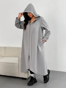 Flirla 大码 2024 春秋女式灰色连帽拉链长款休闲夹克带侧袋 - 灰色 - 查看 7