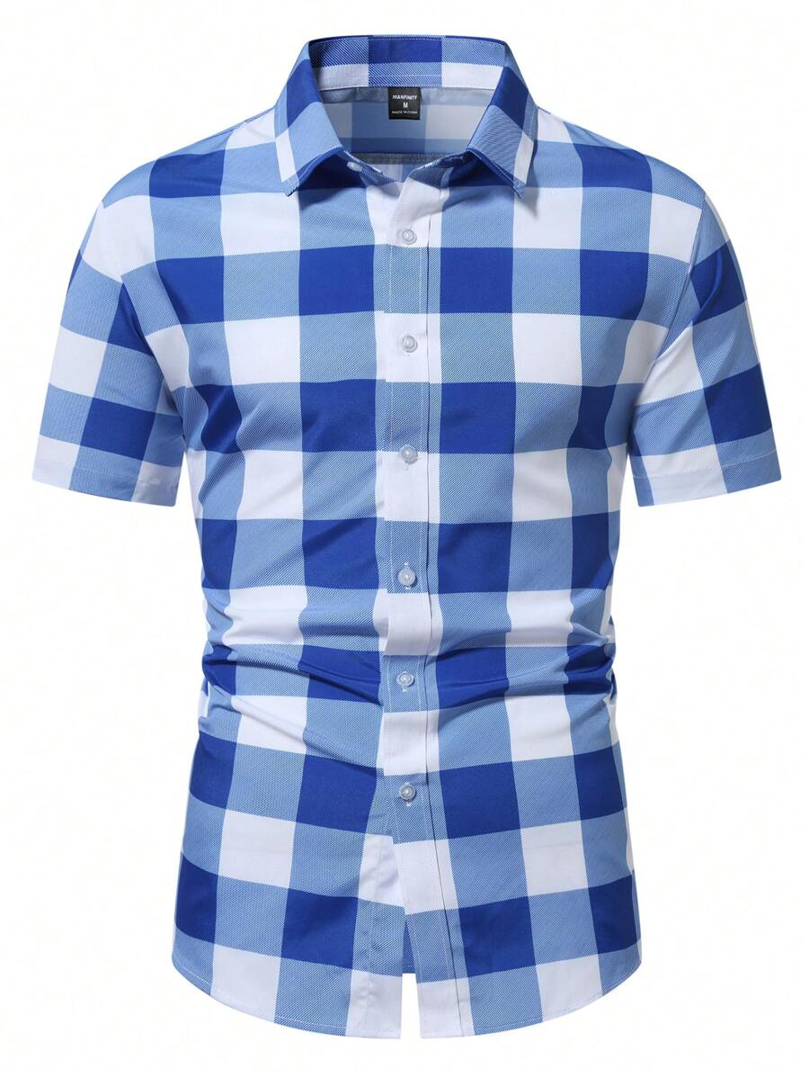 Manfinity Homme 夏季男士休闲宽松格子短袖衬衫 - 藍白色 - 查看 1
