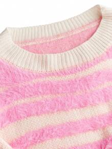 Flirla 大码圆领宽松拼色条纹毛衣，秋冬 - 粉色 - 查看 3