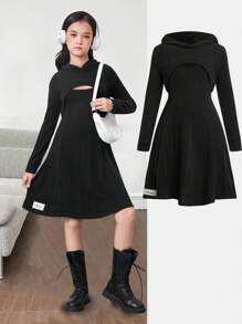 Tween Girls Back To School Outfit, Fashion Casual Fleece Knit Hooded Long Sleeve 2 In 1 Sweatshirt Dress, Autumn - Black - View 1