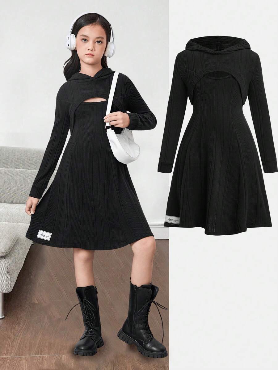 Tween Girls Back To School Outfit, Fashion Casual Fleece Knit Hooded Long Sleeve 2 In 1 Sweatshirt Dress, Autumn - Black - View 1