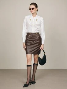 BizChic Váy da đi làm thanh lịch cho nữ mùa thu trang phục da - Cà phê nâu - Xem 7