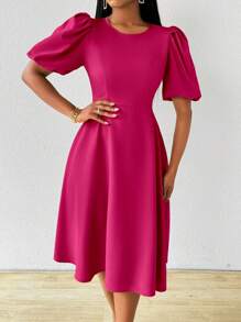 Lyxana Vestido para mujer con mangas abullonadas y cintura entallada para primavera y verano