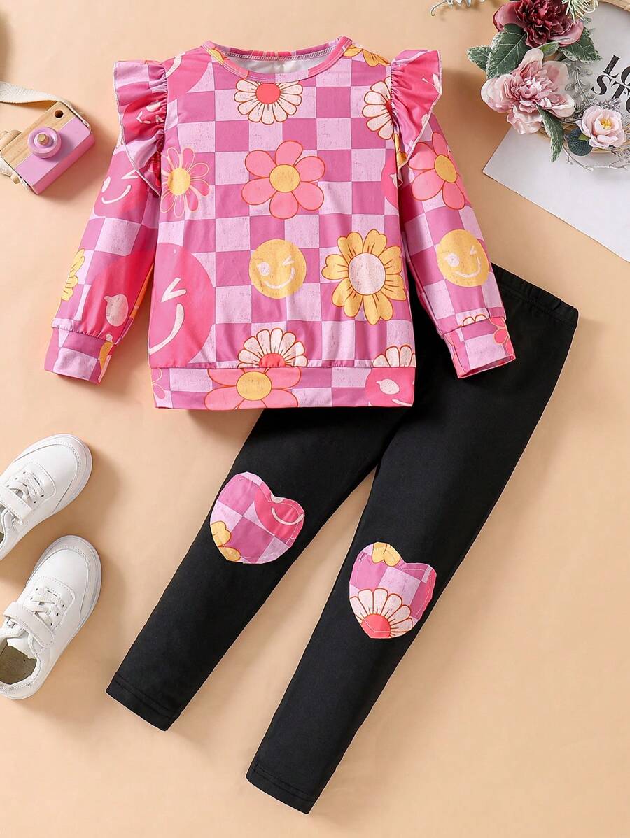 2pcs Floral Checkerboard Print Round Neck Long Sleeve Ruffle Blouse And Pants Casual Outfit For Young Girl, Spring Autumn - Hot Pink - View 1
