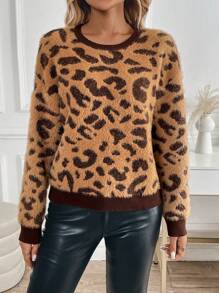 SHEIN LUNE Leopard Crew Neck Long Sleeve Sweater, Knit Pullover Fall Winter - Multicolor - View 6