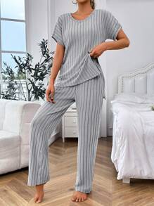Women Solid Color Round Neck Short Sleeve Casual Top And Pants Loungewear Set Outfit