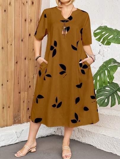 大码优雅叶子缺口领短袖连衣裙女装，适合夏季