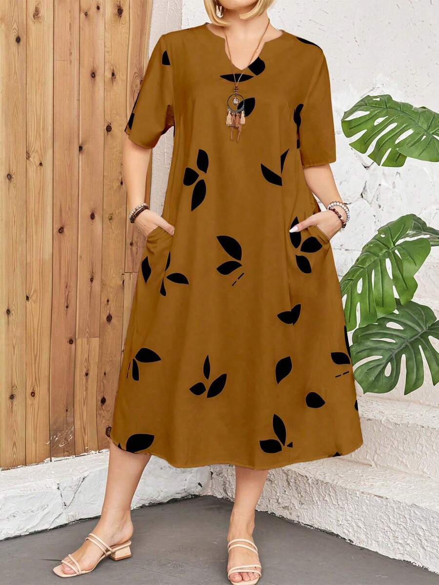 大码优雅叶子缺口领短袖连衣裙女装，适合夏季 - 彩色 - 查看 1